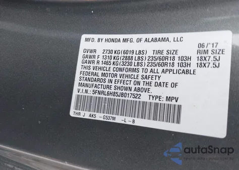 2018 Honda Odyssey Touring z USA, uszkodzony, nr VIN 5FNRL6H85JB017522